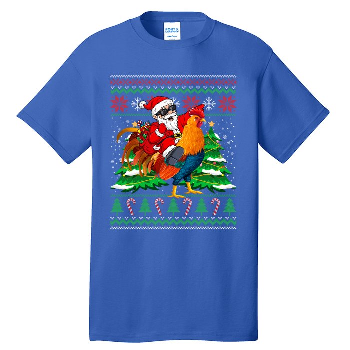 Santa With Rooster Christmas Tree Farmer Ugly Xmas Gift Tall T-Shirt