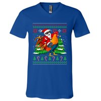 Santa With Rooster Christmas Tree Farmer Ugly Xmas Gift V-Neck T-Shirt