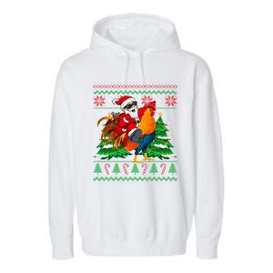 Santa With Rooster Christmas Tree Farmer Ugly Xmas Gift Garment-Dyed Fleece Hoodie