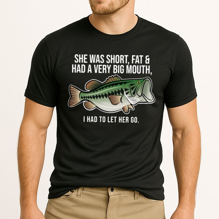 She Was Short Fat And Had A Big Mouth Bass Funny Fishing Cooling Performance Crew T-Shirt