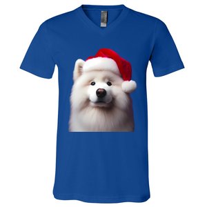 Samoyed With Santa Hat Christmas Xmas Dog Owner Mom Dad Gift V-Neck T-Shirt