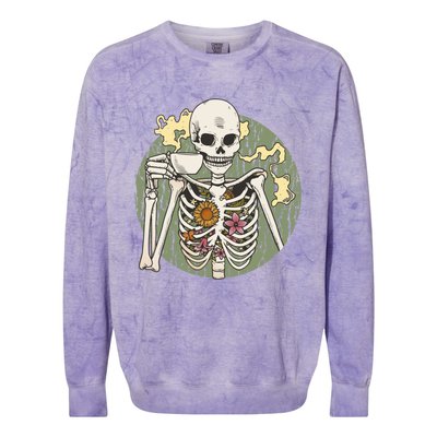 Skeleton With Steaming Cup Of Coffee Cool Gift Colorblast Crewneck Sweatshirt