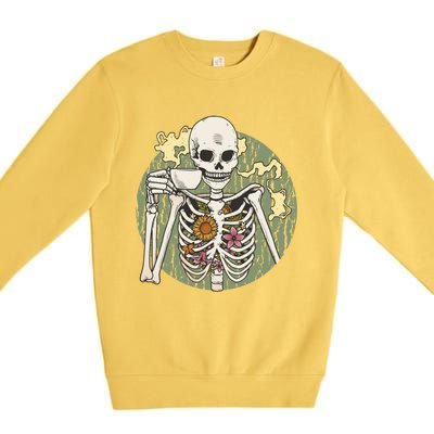 Skeleton With Steaming Cup Of Coffee Cool Gift Premium Crewneck Sweatshirt