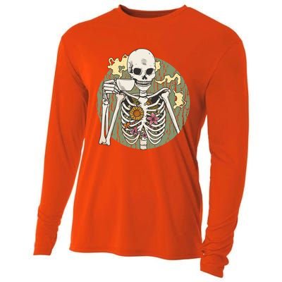 Skeleton With Steaming Cup Of Coffee Cool Gift Cooling Performance Long Sleeve Crew