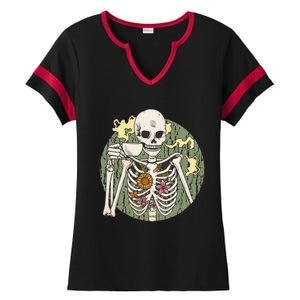 Skeleton With Steaming Cup Of Coffee Cool Gift Ladies Halftime Notch Neck Tee