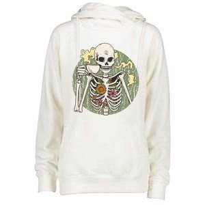 Skeleton With Steaming Cup Of Coffee Cool Gift Womens Funnel Neck Pullover Hood