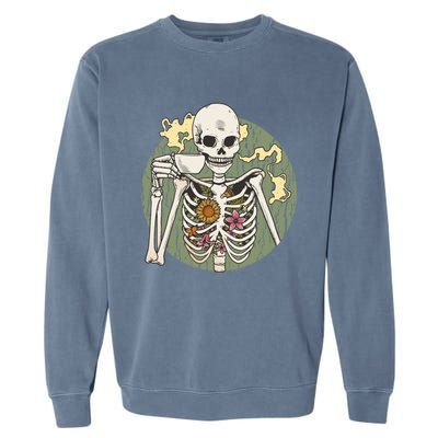 Skeleton With Steaming Cup Of Coffee Cool Gift Garment-Dyed Sweatshirt