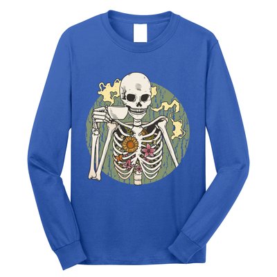 Skeleton With Steaming Cup Of Coffee Cool Gift Long Sleeve Shirt