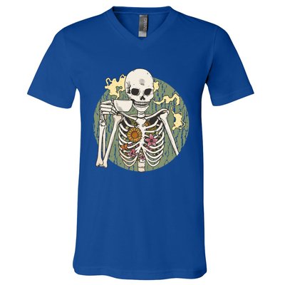 Skeleton With Steaming Cup Of Coffee Cool Gift V-Neck T-Shirt