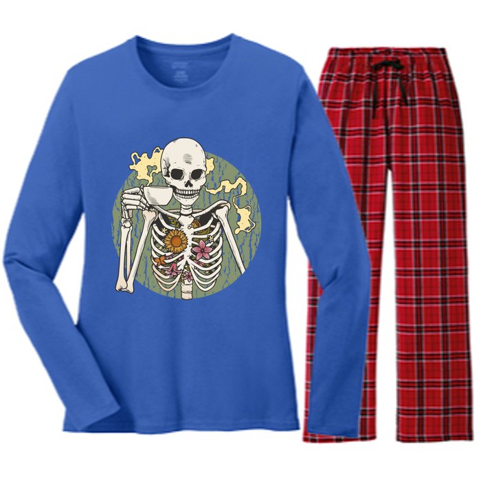 Skeleton With Steaming Cup Of Coffee Cool Gift Women's Long Sleeve Flannel Pajama Set 