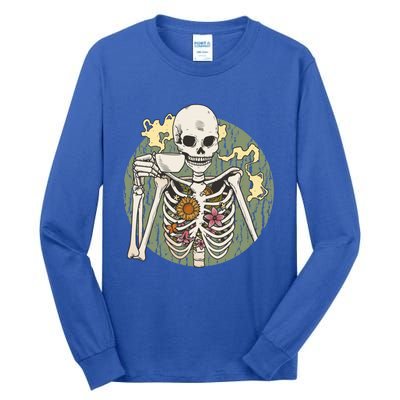 Skeleton With Steaming Cup Of Coffee Cool Gift Tall Long Sleeve T-Shirt