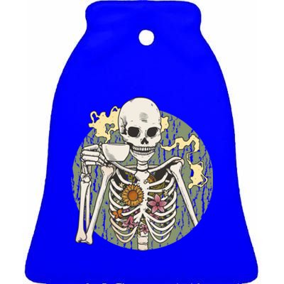 Skeleton With Steaming Cup Of Coffee Cool Gift Ceramic Bell Ornament