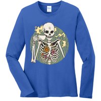 Skeleton With Steaming Cup Of Coffee Cool Gift Ladies Long Sleeve Shirt