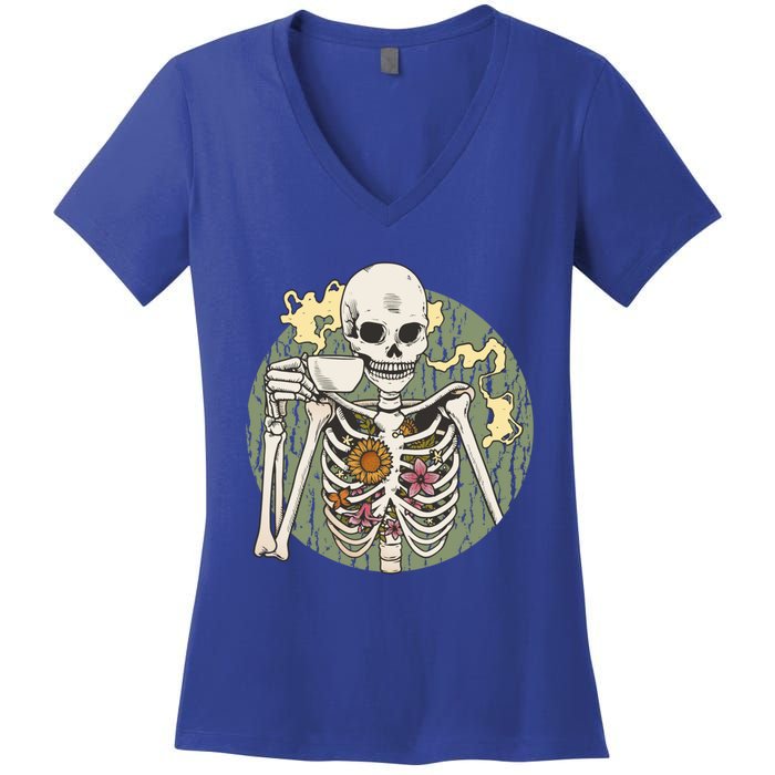 Skeleton With Steaming Cup Of Coffee Cool Gift Women's V-Neck T-Shirt