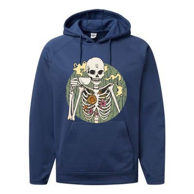 Skeleton With Steaming Cup Of Coffee Cool Gift Performance Fleece Hoodie