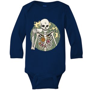 Skeleton With Steaming Cup Of Coffee Cool Gift Baby Long Sleeve Bodysuit