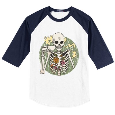 Skeleton With Steaming Cup Of Coffee Cool Gift Baseball Sleeve Shirt