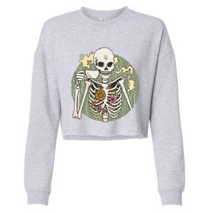 Skeleton With Steaming Cup Of Coffee Cool Gift Cropped Pullover Crew