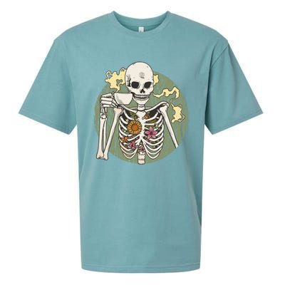 Skeleton With Steaming Cup Of Coffee Cool Gift Sueded Cloud Jersey T-Shirt