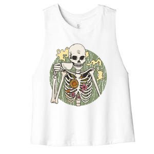 Skeleton With Steaming Cup Of Coffee Cool Gift Women's Racerback Cropped Tank