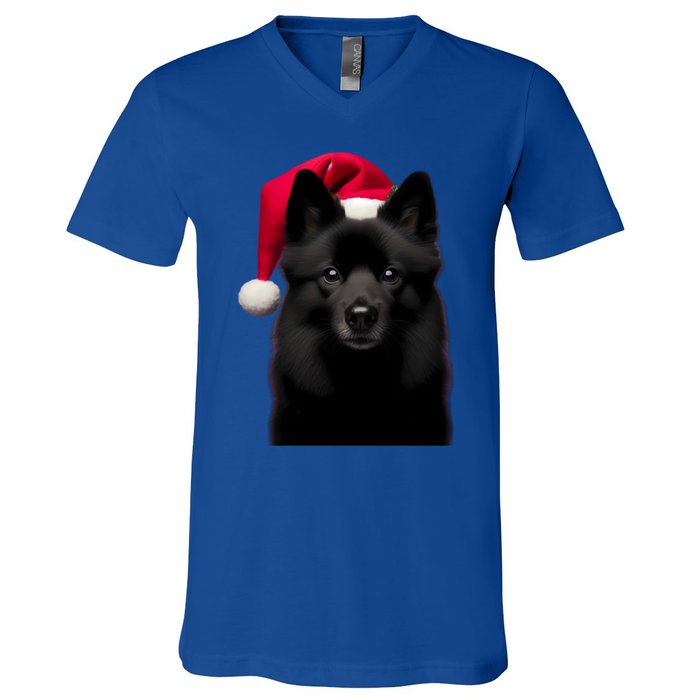 Schipperke With Santa Hat Christmas Dog Owner Lover Xmas Mom Gift V-Neck T-Shirt