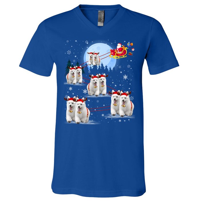 Santa White Swiss Shepherd Reindeer Sleigh Santa Christmas Cute Gift V-Neck T-Shirt