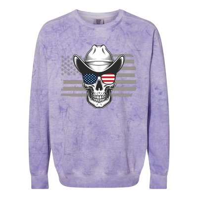 Skull With Sunglasses And Cowboy Hat In Front Of US Flag Colorblast Crewneck Sweatshirt