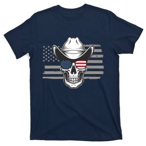 Skull With Sunglasses And Cowboy Hat In Front Of US Flag T-Shirt