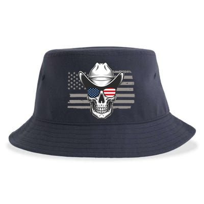 Skull With Sunglasses And Cowboy Hat In Front Of US Flag Sustainable Bucket Hat