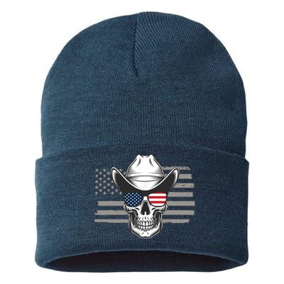 Skull With Sunglasses And Cowboy Hat In Front Of US Flag Sustainable Knit Beanie