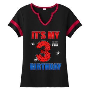 Spider Web Three 3 Years Old ItS My 3rd Birthday Boy Party Ladies Halftime Notch Neck Tee