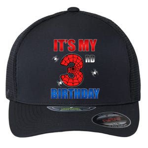 Spider Web Three 3 Years Old ItS My 3rd Birthday Boy Party Flexfit Unipanel Trucker Cap