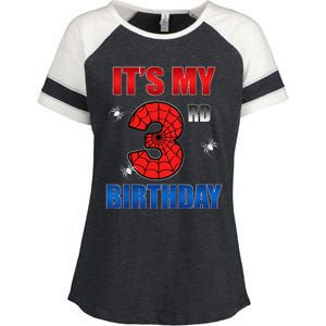 Spider Web Three 3 Years Old ItS My 3rd Birthday Boy Party Enza Ladies Jersey Colorblock Tee