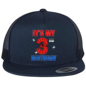 Spider Web Three 3 Years Old ItS My 3rd Birthday Boy Party Flat Bill Trucker Hat