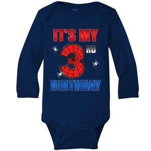 Spider Web Three 3 Years Old ItS My 3rd Birthday Boy Party Baby Long Sleeve Bodysuit