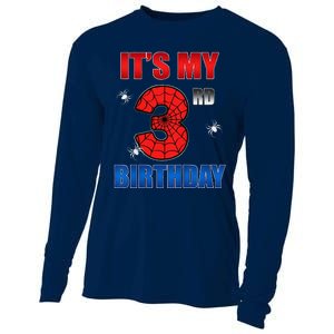 Spider Web Three 3 Years Old ItS My 3rd Birthday Boy Party Cooling Performance Long Sleeve Crew