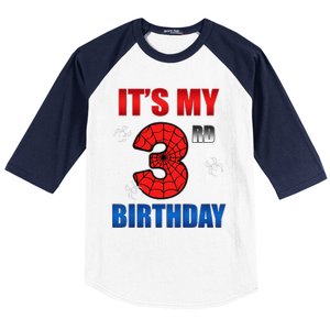 Spider Web Three 3 Years Old ItS My 3rd Birthday Boy Party Baseball Sleeve Shirt