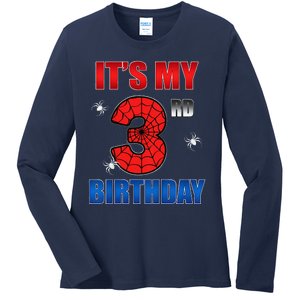 Spider Web Three 3 Years Old ItS My 3rd Birthday Boy Party Ladies Long Sleeve Shirt