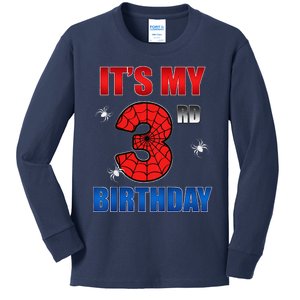 Spider Web Three 3 Years Old ItS My 3rd Birthday Boy Party Kids Long Sleeve Shirt