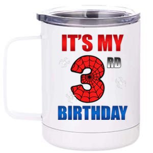 Spider Web Three 3 Years Old ItS My 3rd Birthday Boy Party 12 oz Stainless Steel Tumbler Cup