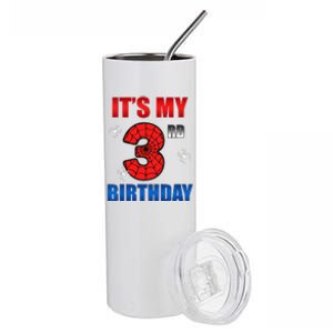 Spider Web Three 3 Years Old ItS My 3rd Birthday Boy Party Stainless Steel Tumbler