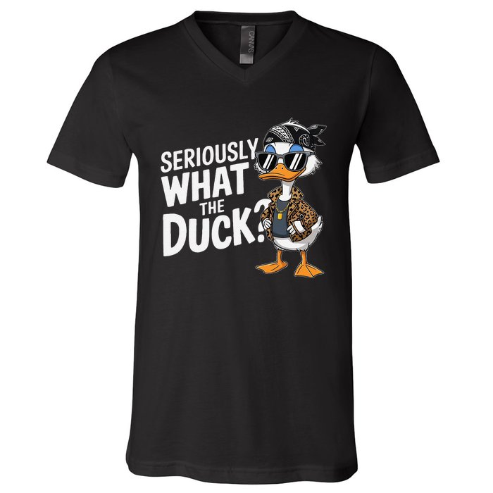 Seriously What The Duck Funny Cartoon Duck Humor V-Neck T-Shirt