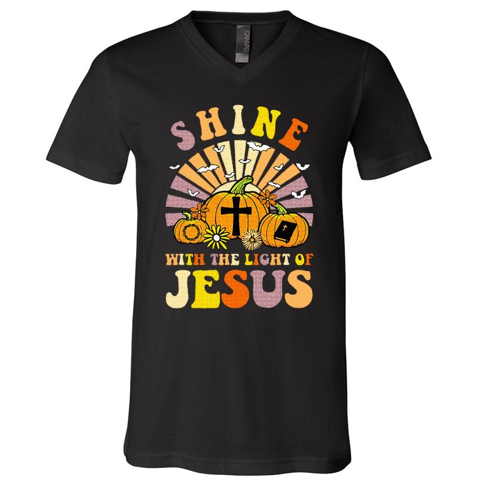 Shine With The Light Of Jesus Christian Lover Halloween Fall V-Neck T-Shirt