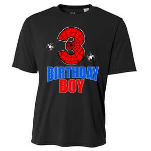 Spider Web Three 3 Years Old 3rd Birthday Boy Party Cooling Performance Crew T-Shirt