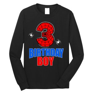 Spider Web Three 3 Years Old 3rd Birthday Boy Party Long Sleeve Shirt