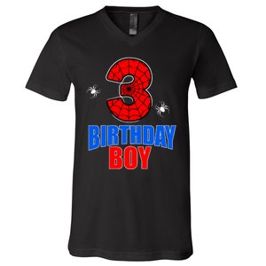 Spider Web Three 3 Years Old 3rd Birthday Boy Party V-Neck T-Shirt