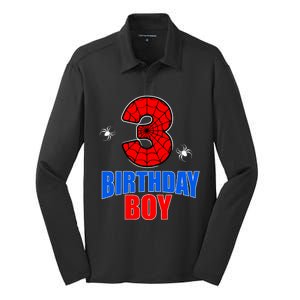 Spider Web Three 3 Years Old 3rd Birthday Boy Party Silk Touch Performance Long Sleeve Polo