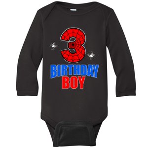 Spider Web Three 3 Years Old 3rd Birthday Boy Party Baby Long Sleeve Bodysuit