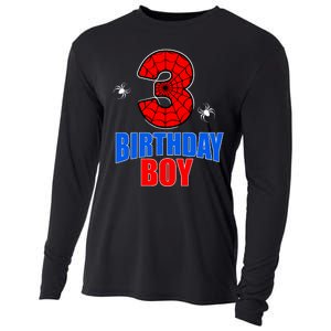 Spider Web Three 3 Years Old 3rd Birthday Boy Party Cooling Performance Long Sleeve Crew