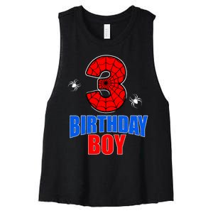 Spider Web Three 3 Years Old 3rd Birthday Boy Party Women's Racerback Cropped Tank